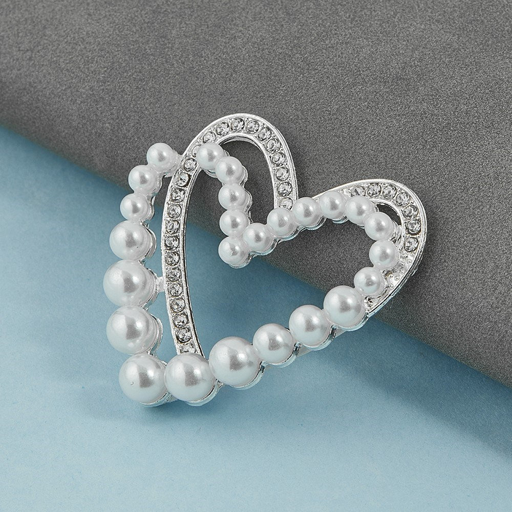 Hjerteformet 3D-Selefonklistremerke med Perler og Rhinestones - Sølv / Hvit