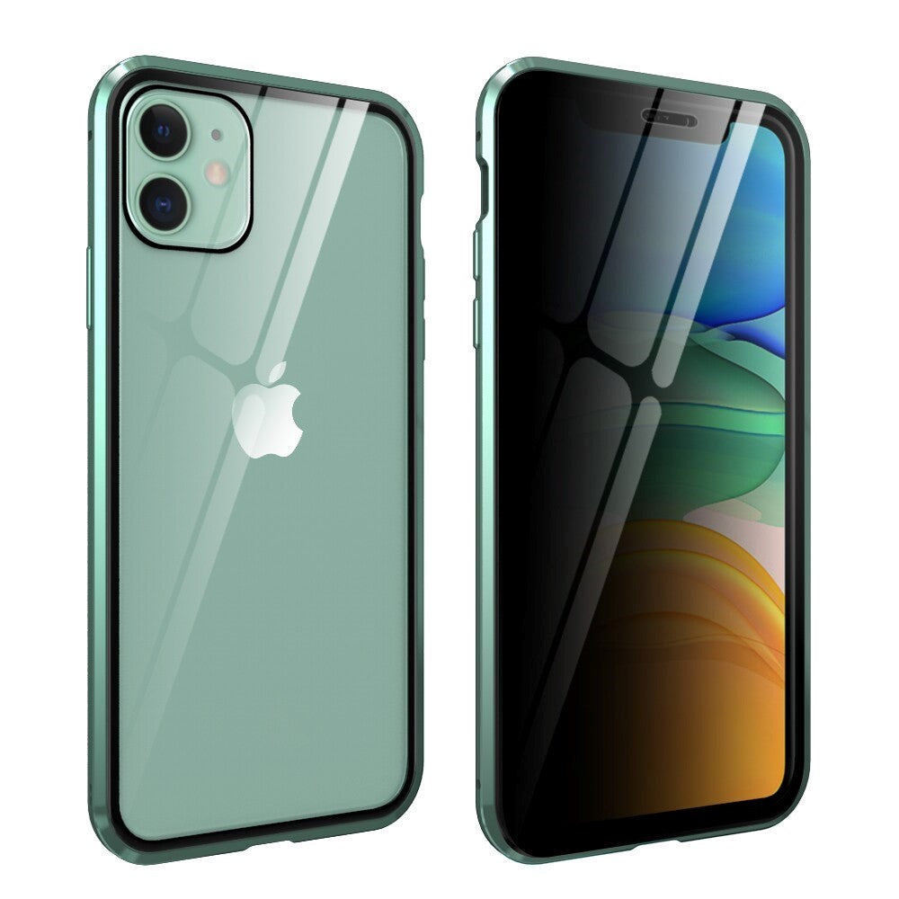 iPhone 11 Magnetisk Metall Deksel m. Glass Foran og Bak m. Privacy Glass - Grønn