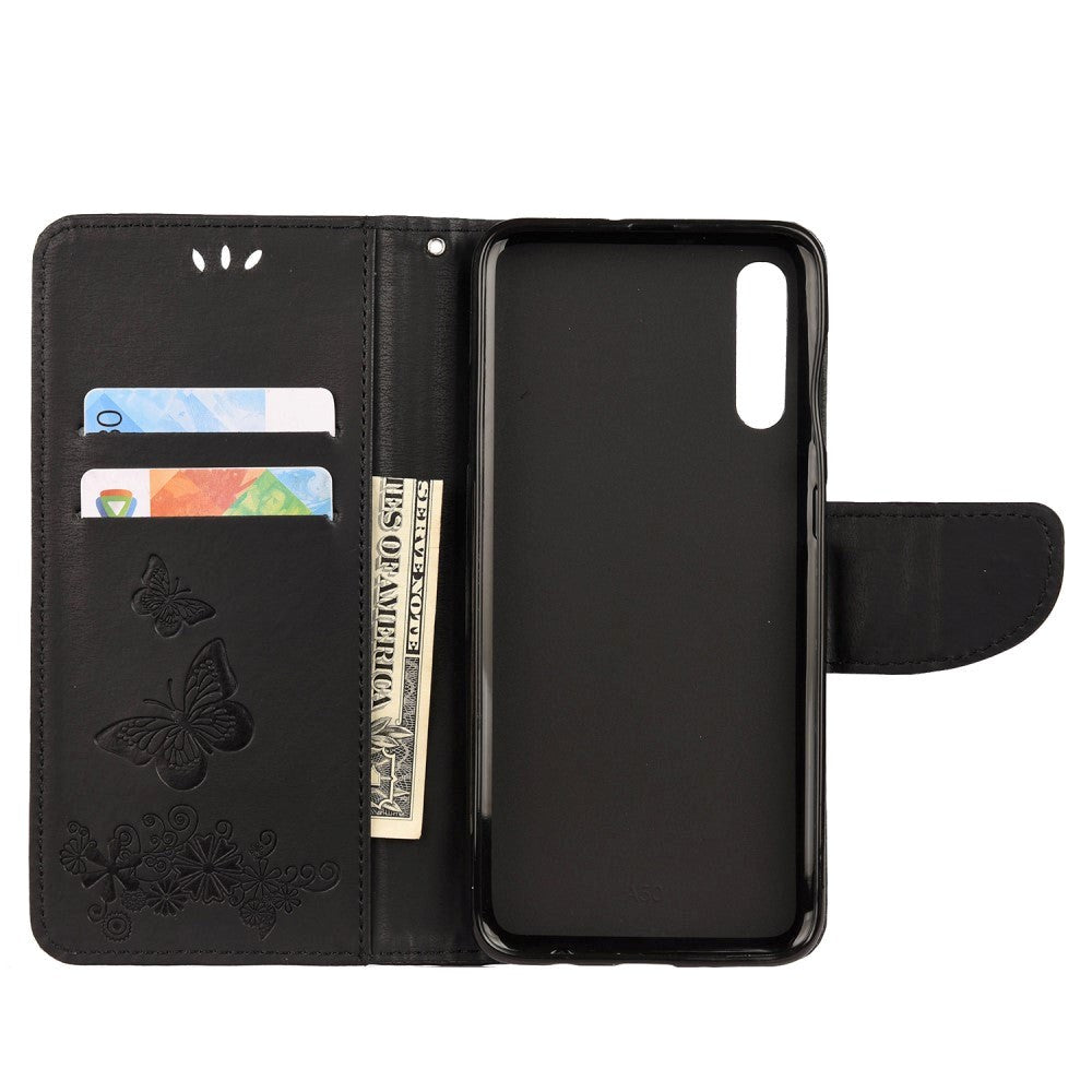 Samsung Galaxy A30s / A50 Skinn Deksel m. Lommebok Blomster og Sommerfugle - Svart