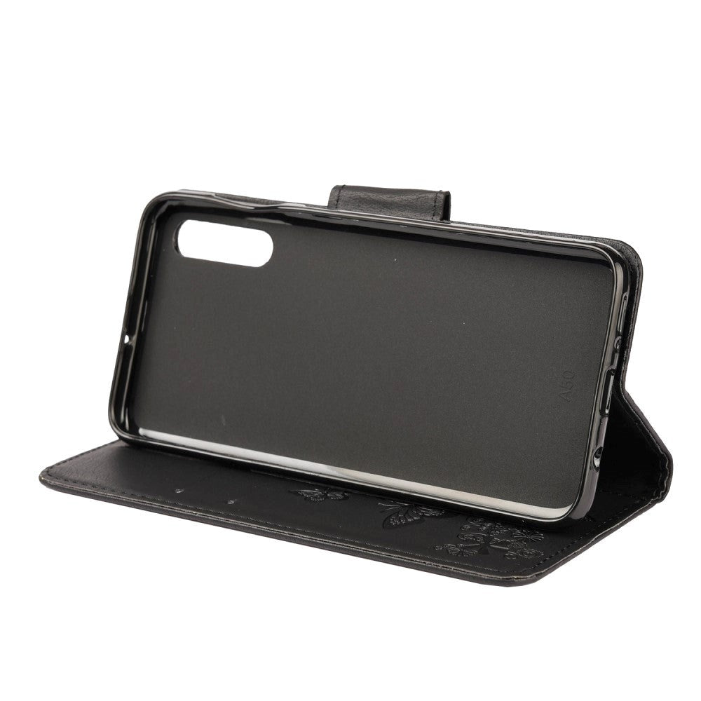 Samsung Galaxy A30s / A50 Skinn Deksel m. Lommebok Blomster og Sommerfugle - Svart