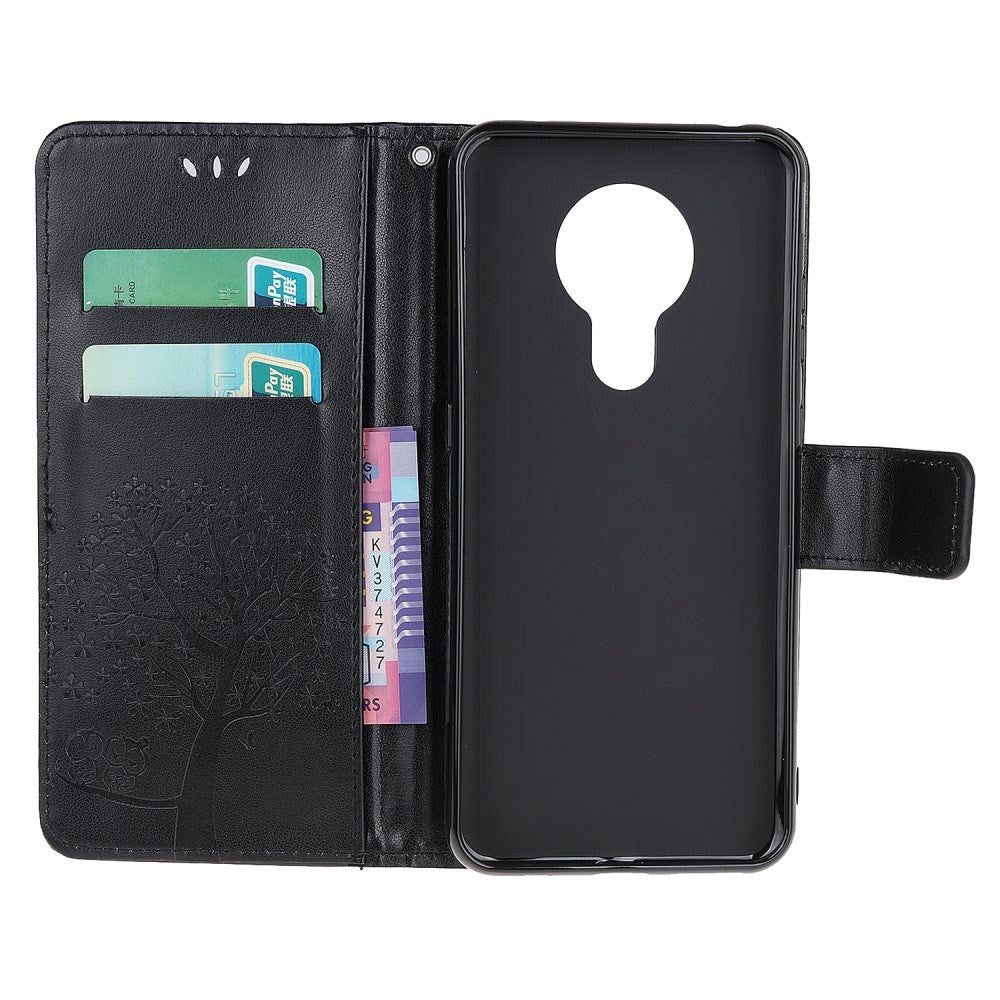 Nokia 5.3 PU Skinn Flip Deksel m. Lommebok - Ugler i Tre Sort