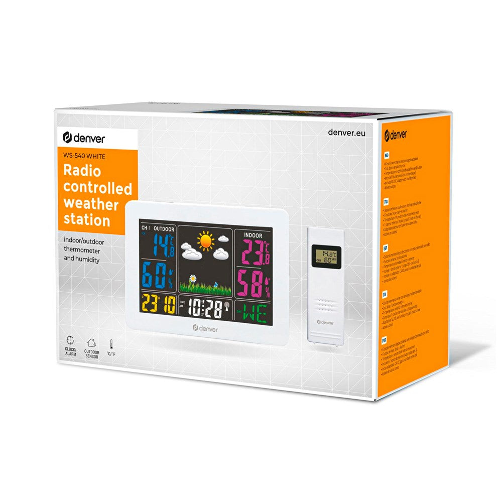 Denver Værstasjon med Innebygd Klokke & Fargerikt Display - Hvit