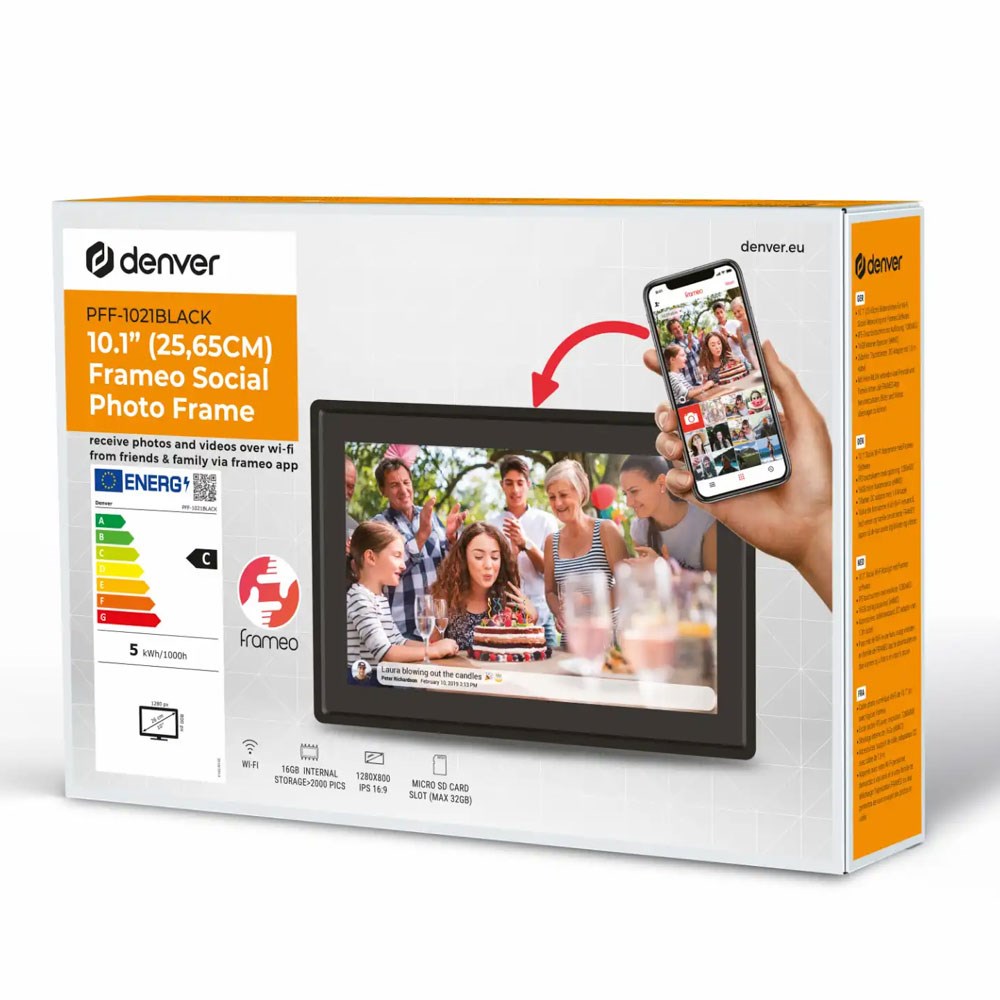 Denver PFF-1021 10.1" Digital Frameo WiFi Digital Fotoramme - 1280x800 / 16GB - Svart