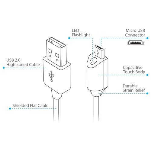 Naztech Micro-USB kabel med Lys 1.8m - Svart