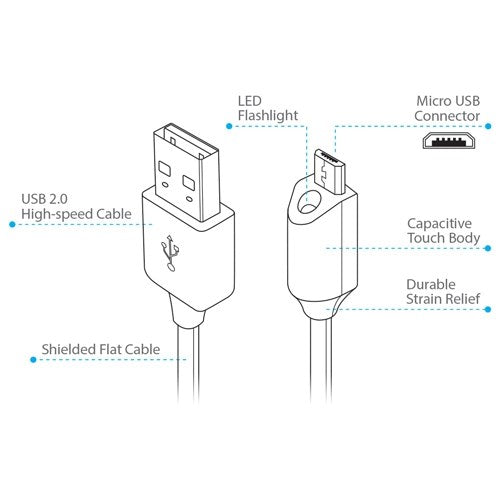 Naztech Micro-USB kabel med Lys 1.8m - Hvit
