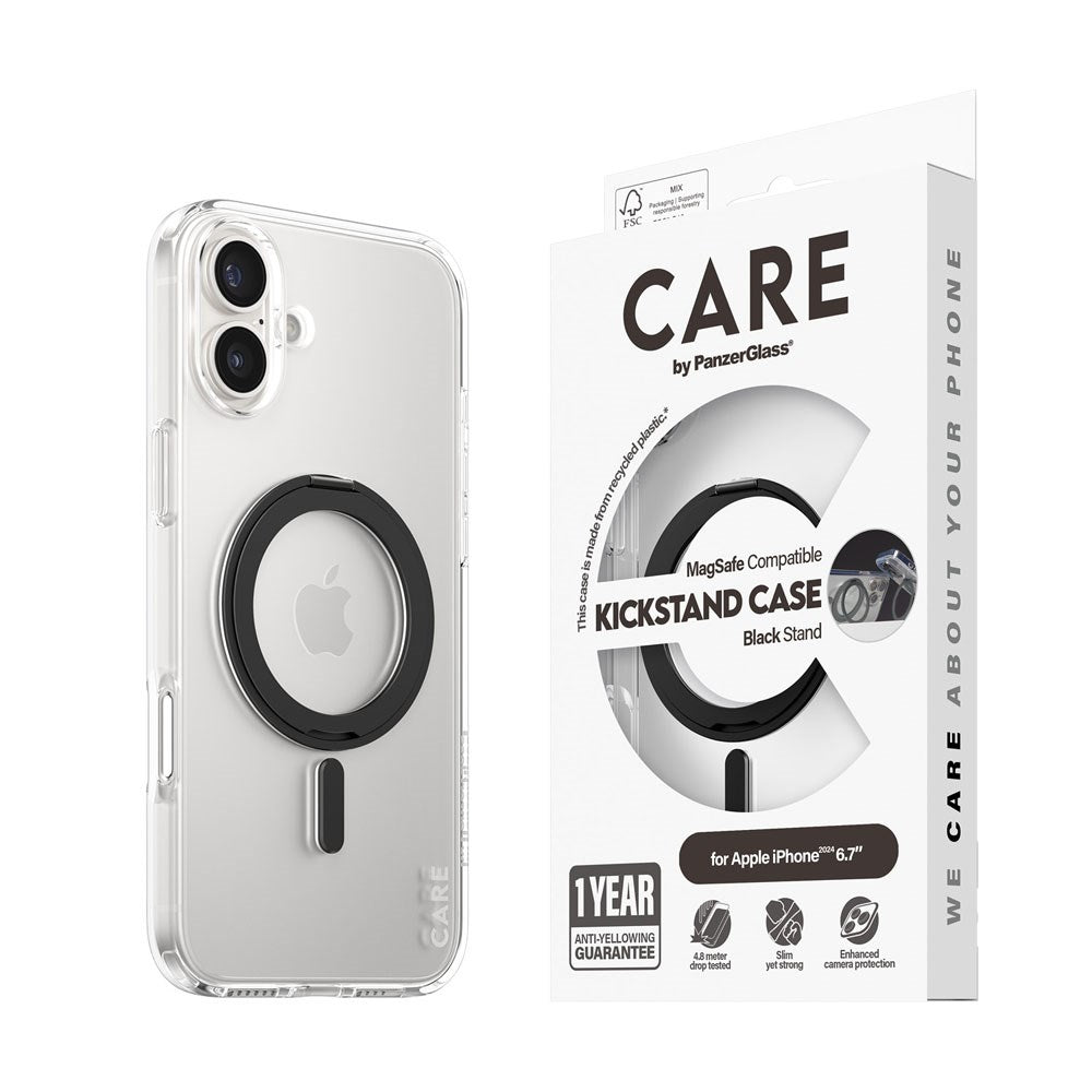 CARE by PanzerGlass iPhone 16 Plus Feature Kickstand Deksel - MagSafe Kompatibel - Transparent / Black