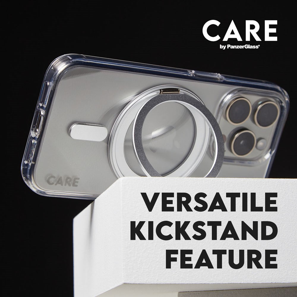 CARE by PanzerGlass iPhone 16 Feature Kickstand Deksel - MagSafe Kompatibel - Transparent / Silver