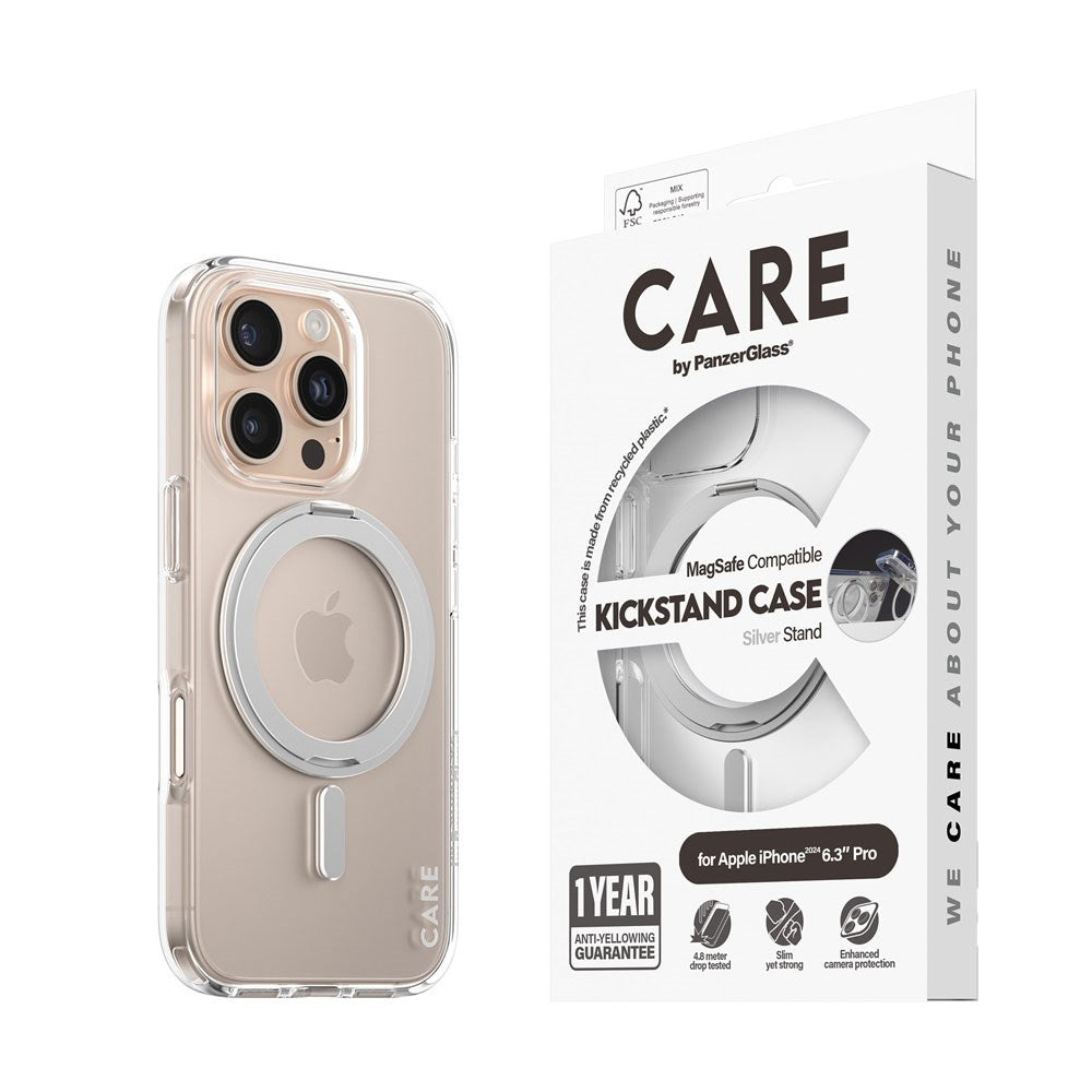CARE by PanzerGlass iPhone 16 Pro Feature Kickstand Deksel - MagSafe Kompatibel - Transparent / Silver