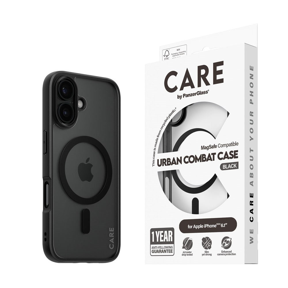 CARE by PanzerGlass iPhone 16 FLAGSHIP Urban Combat-deksel - MagSafe Kompatibel - Transparent / Black Frame