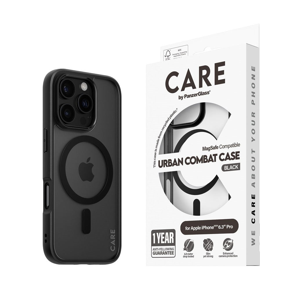 CARE by PanzerGlass iPhone 16 Pro FLAGSHIP Urban Combat-deksel - MagSafe Kompatibel - Transparent / Black Frame