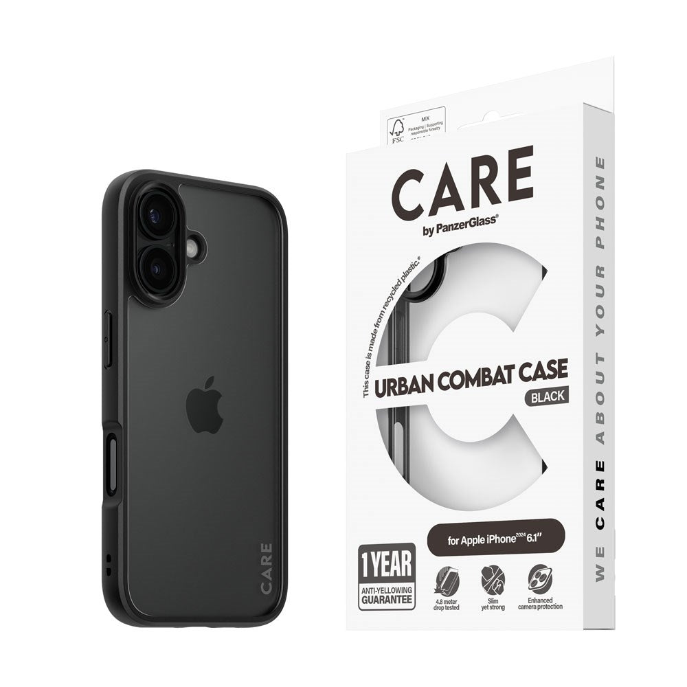 CARE by PanzerGlass iPhone 16 FLAGSHIP Urban Combat-deksel - Transparent / Black Frame