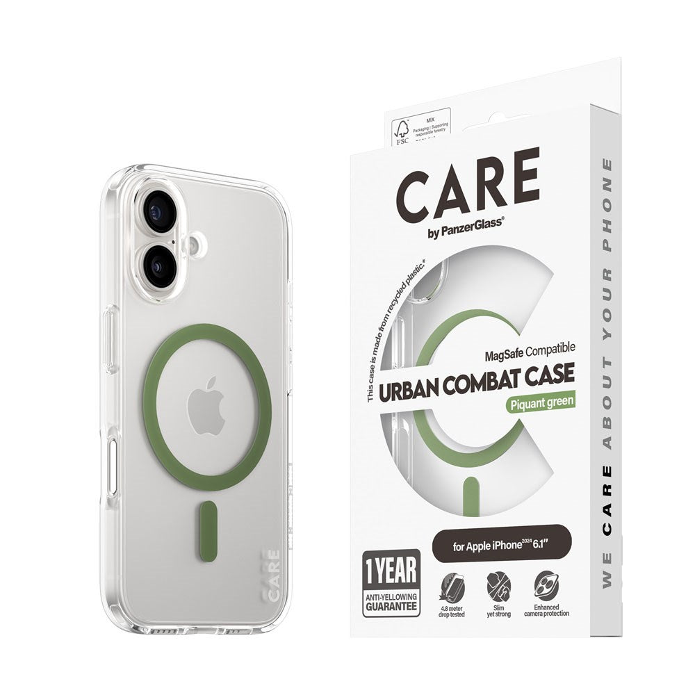 CARE by PanzerGlass iPhone 16 FLAGSHIP Urban Combat-deksel - MagSafe Kompatibel - Transparent / Piquant Green