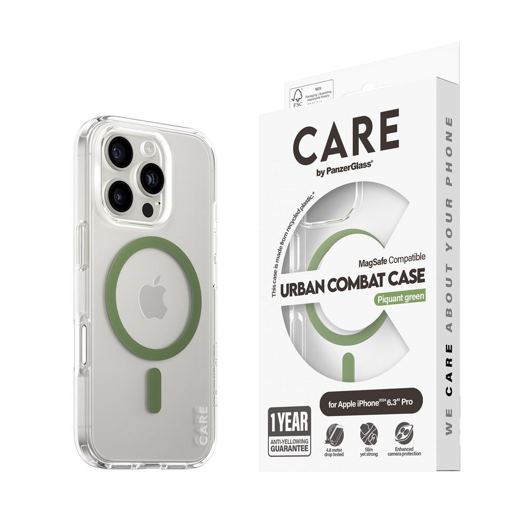 CARE by PanzerGlass iPhone 16 Pro FLAGSHIP Urban Combat-deksel - MagSafe Kompatibel - Transparent / Piquant Green