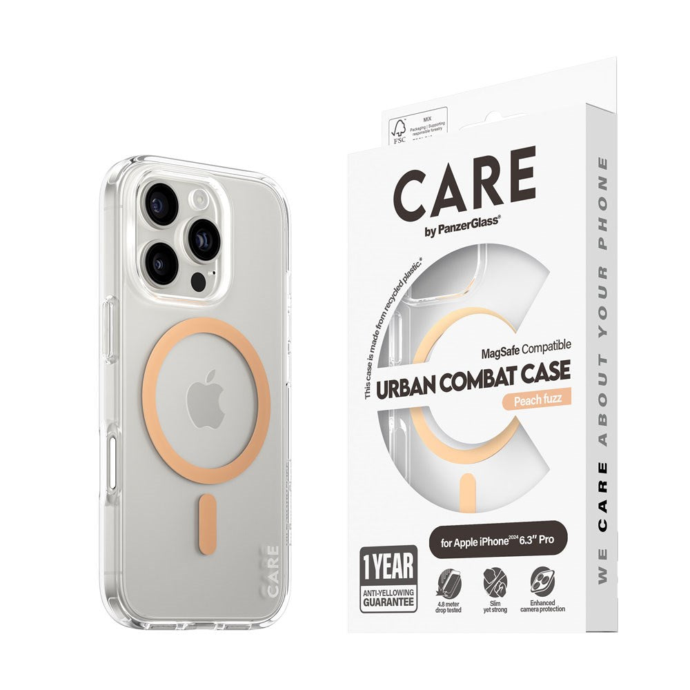 CARE by PanzerGlass iPhone 16 Pro FLAGSHIP Urban Combat-deksel - MagSafe Kompatibel - Transparent / Peach Fuzz
