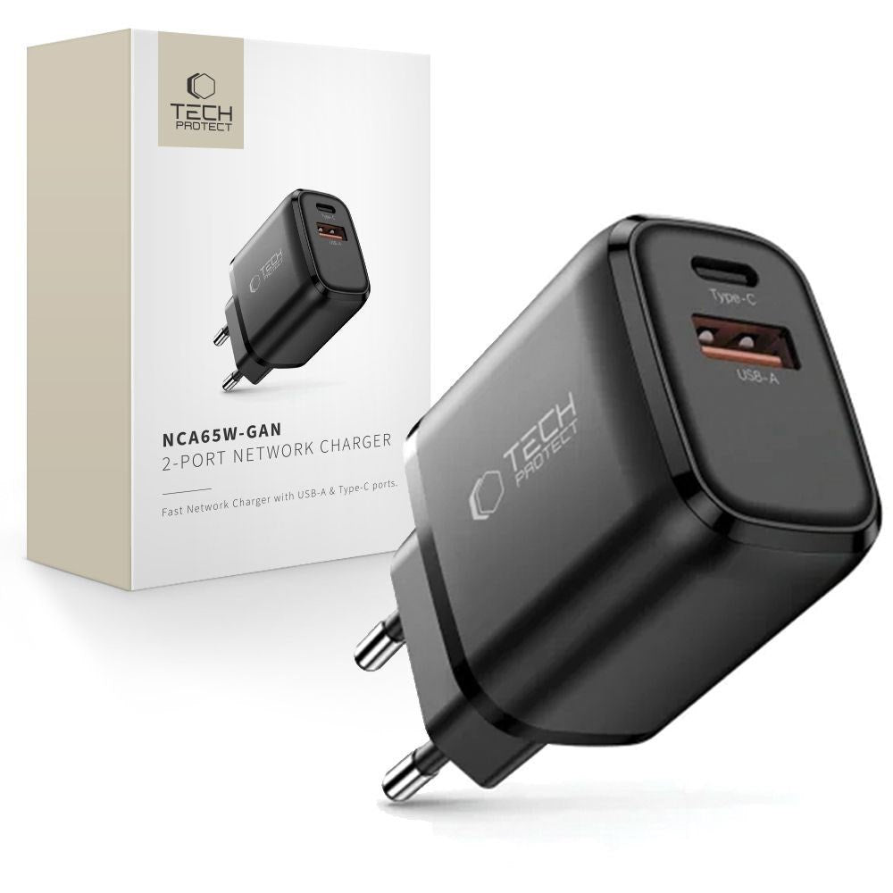 Tech-Protect 65W Vegglader m. 1x USB-C & 1x USB-A - Svart