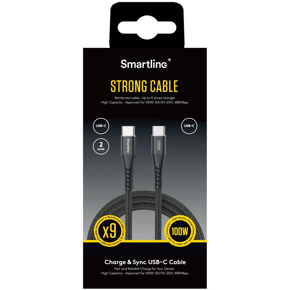 Smartline 100W USB-C til USB-C Kabel 2 m. - Svart