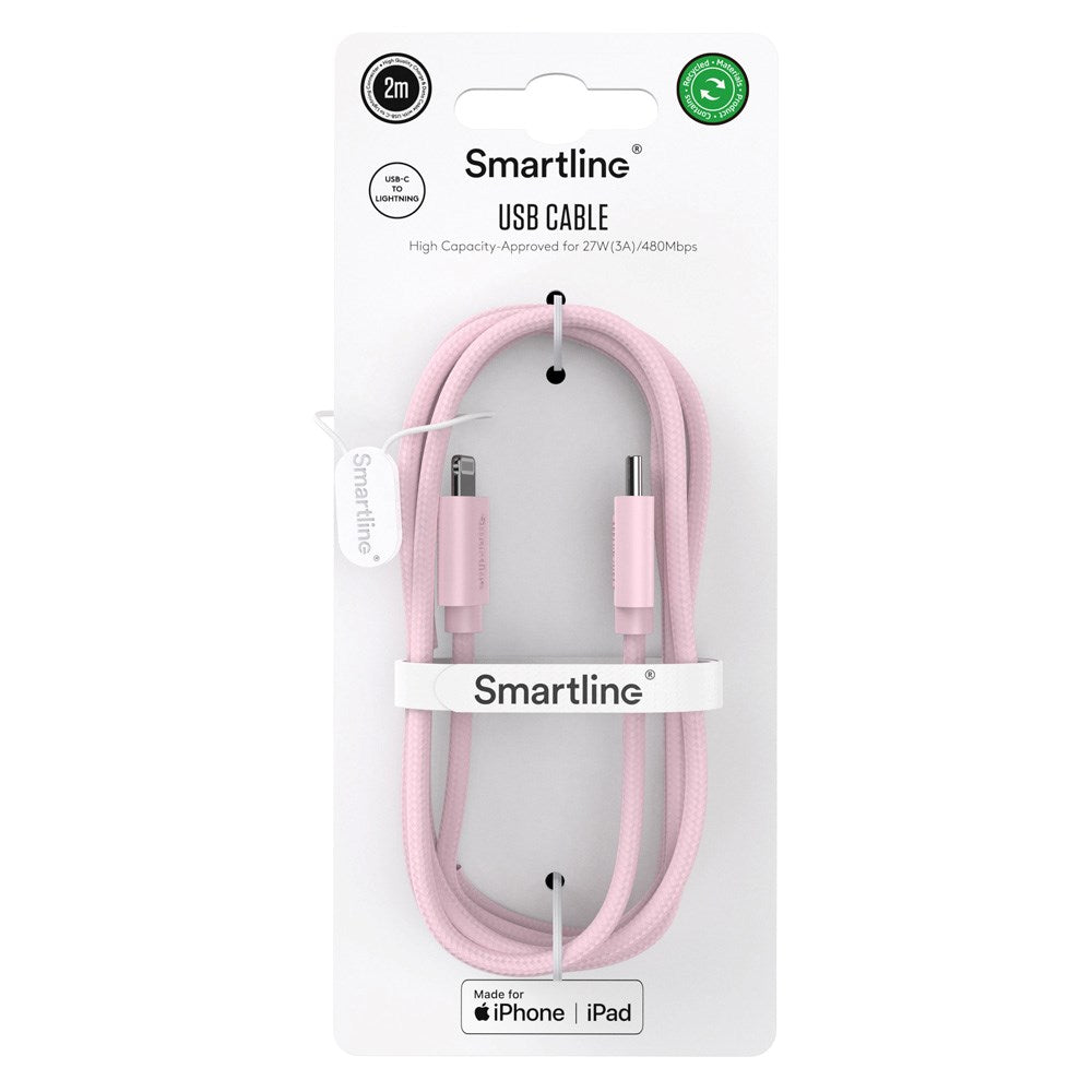Smartline (3A/27W) USB-C til Lightning Braidy Kabel 2m - Rosa