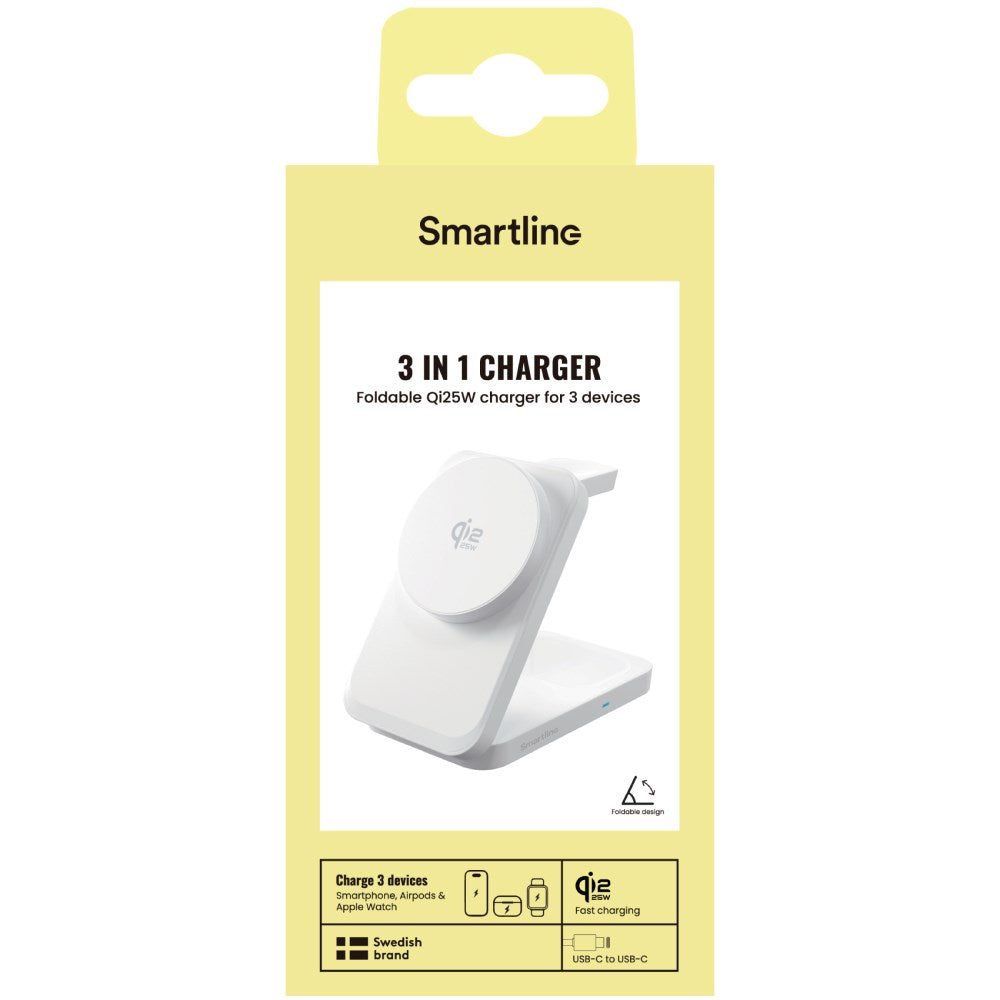 Smartline Sammenleggbar 3-in-1 Trådløs Lader 25W - Qi2 Kompatibel - Hvit