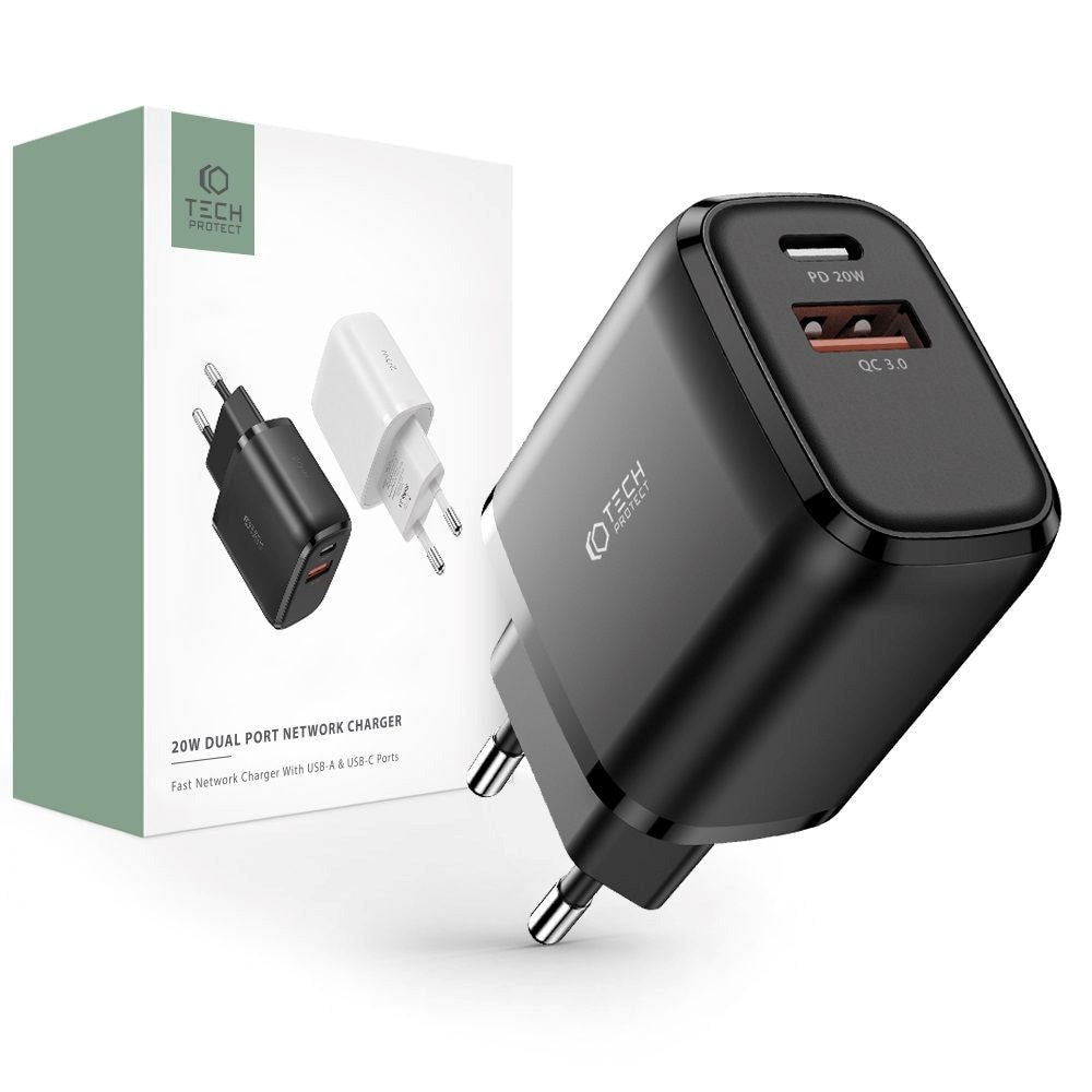Tech-Protect 20W Veggladere m. 1 x USB-C & 1 x USB-A - Svart