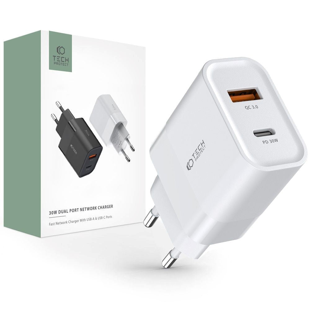 Tech-Protect 30W Veggladere m. 1 x USB-C & 1 x USB-A - Hvit