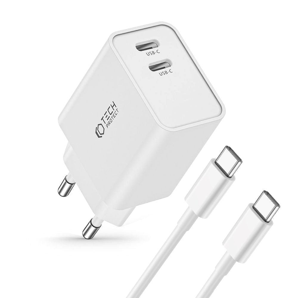 Tech-Protect 35W Vegglader med 2 x USB-C & USB-C-Kabel - Hvit