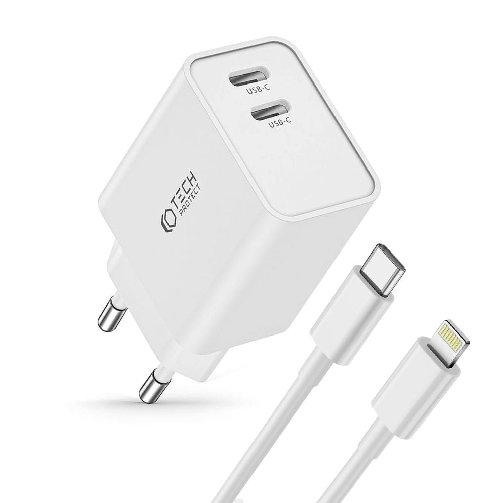 Tech-Protect 35W Vegglader med 2 x USB-C & Lightning-Kabel - Hvit