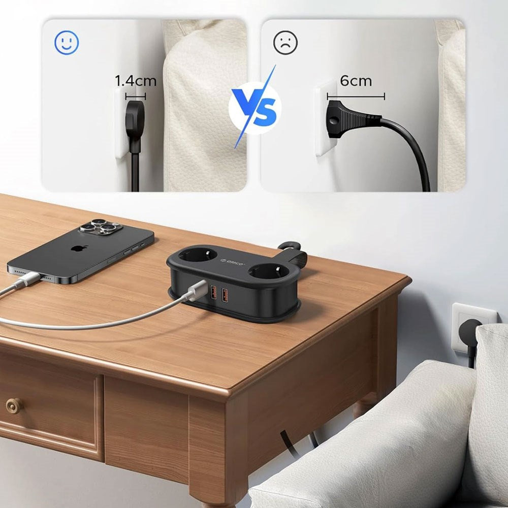 ORICO 20W 5-i-1 Strømskinne med 2 x Schuko 2 x USB-A 1 x USB-C - Svart