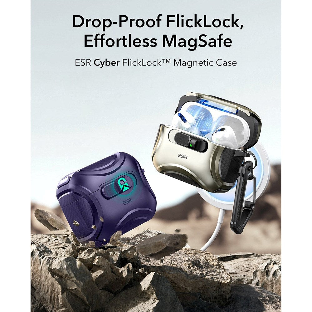 ESR AirPods Pro (3. gen.) Cyber FlickLock Deksel med Karabinkrok – Lilla