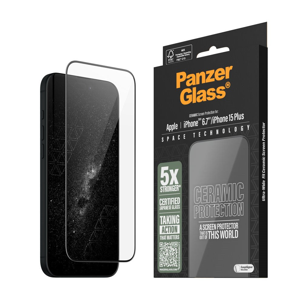 iPhone 15 Plus / 16 Plus PanzerGlass Ultra Wide Fit Ceramic Skjermbeskyttelse m. EasyAligner - Svart Kant