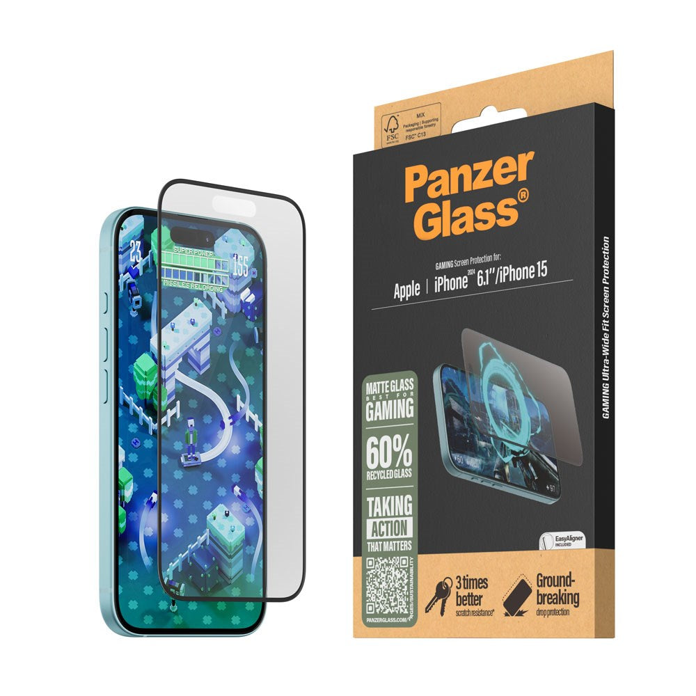 iPhone 15 / 16 PanzerGlass Ultra Wide Fit Skjermbeskyttelse m. EasyAligner - Anti-Reflective - Diamond Strength - Gjennomsiktig / Svart Kant