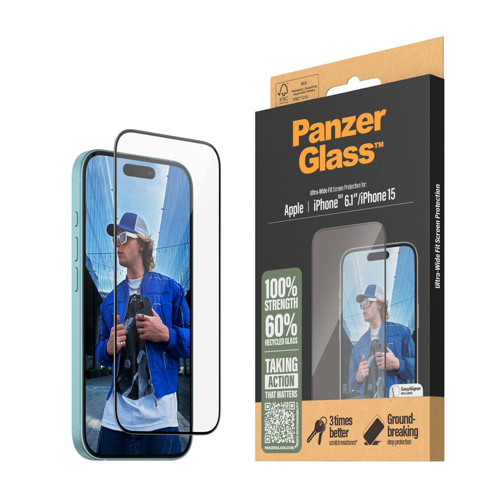 iPhone 15 / 16 PanzerGlass Ultra Wide Fit Skjermbeskyttelse m. EasyAligner - Diamond Strength - Gjennomsiktig / Svart Kant