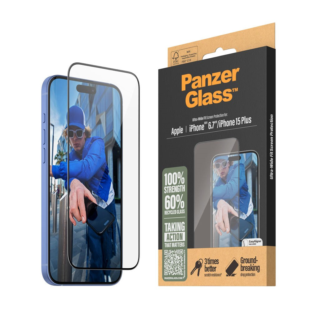iPhone 15 Plus / 16 Plus PanzerGlass Ultra Wide Fit Skjermbeskyttelse m. EasyAligner - Diamond Strength - Gjennomsiktig / Svart Kant