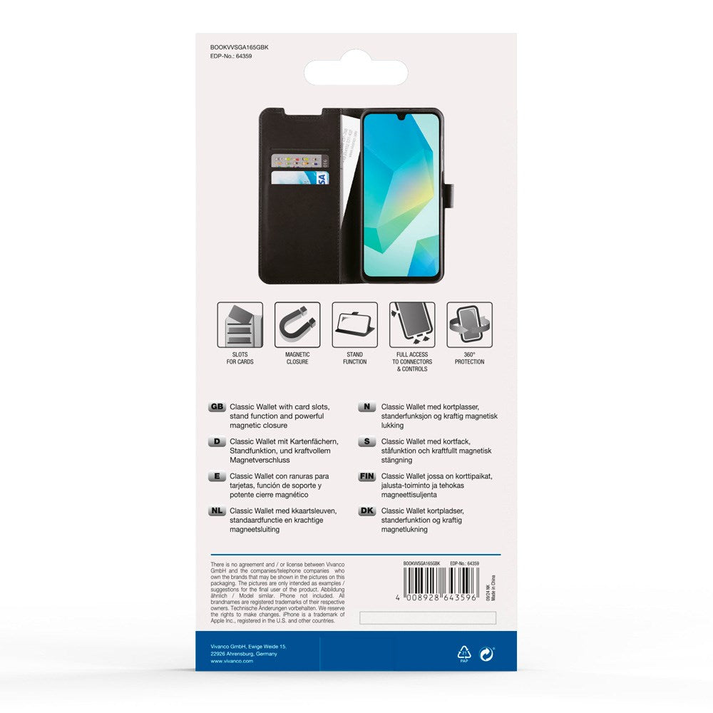 Samsung Galaxy A16 - Vivanco Classic Wallet Flip Deksel m. Lomme - Svart