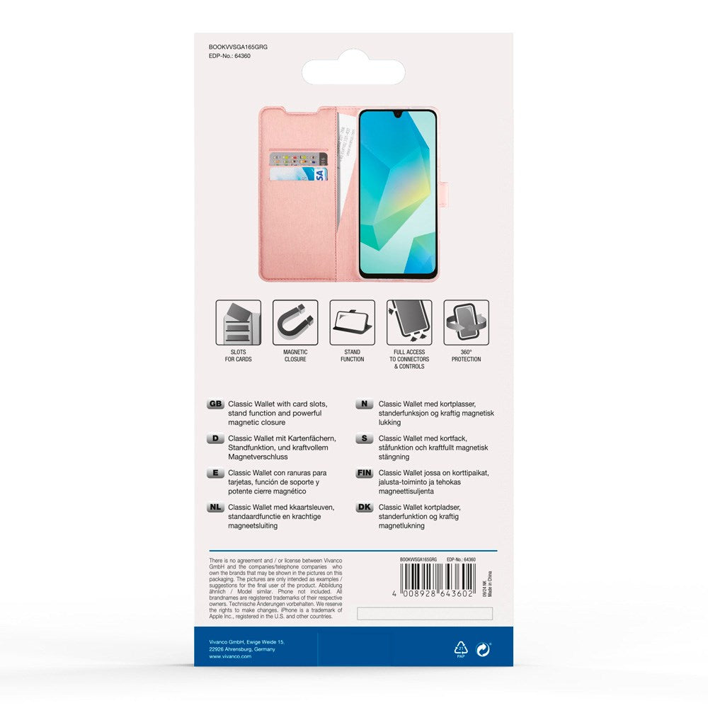 Samsung Galaxy A16 - Vivanco Classic Wallet Flip Deksel m. Lomme - Rosa