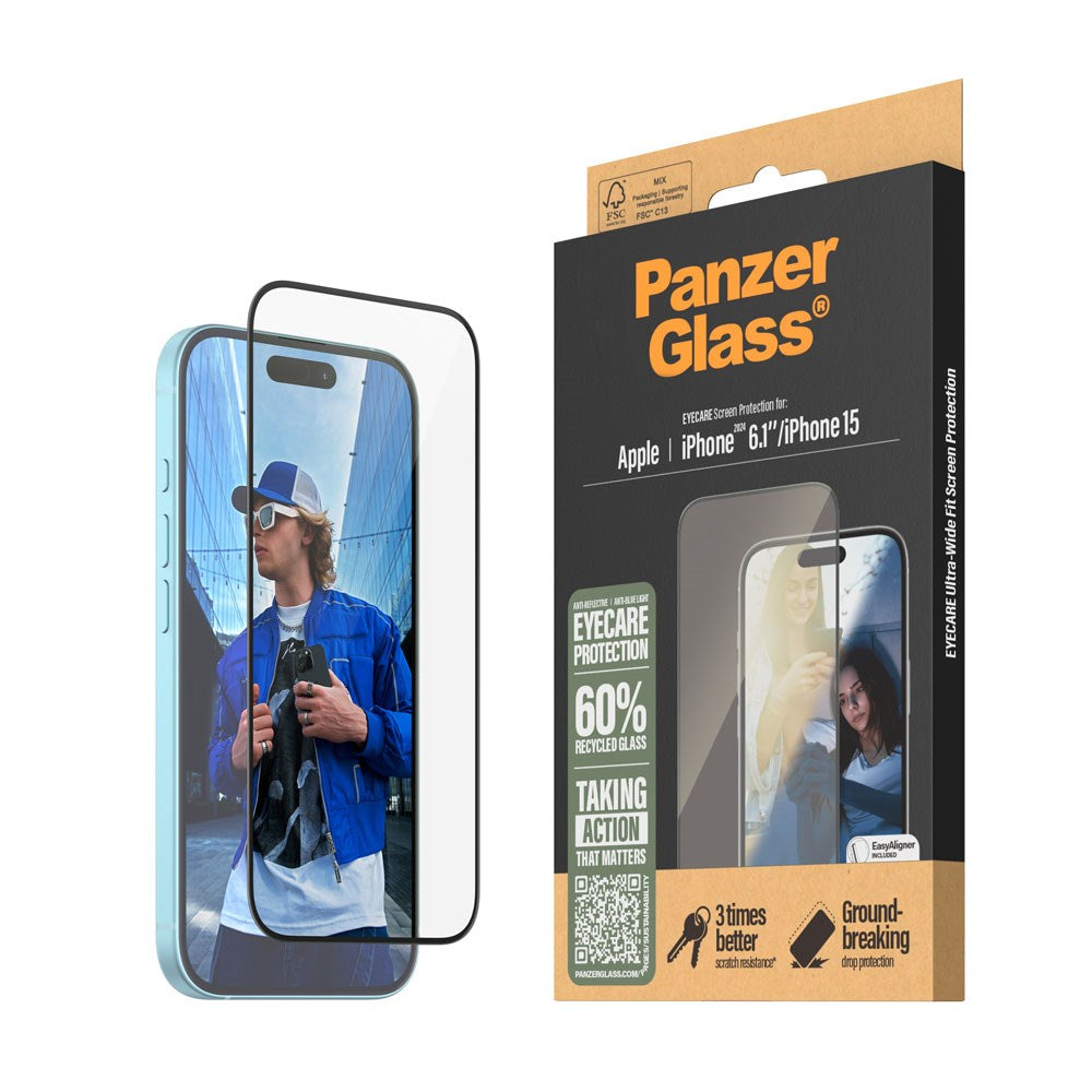 iPhone 15 / 16 PanzerGlass Ultra Wide Fit Skjermbeskyttelse m. EasyAligner - EyeCare - Diamond Strength - Gjennomsiktig / Svart Kant