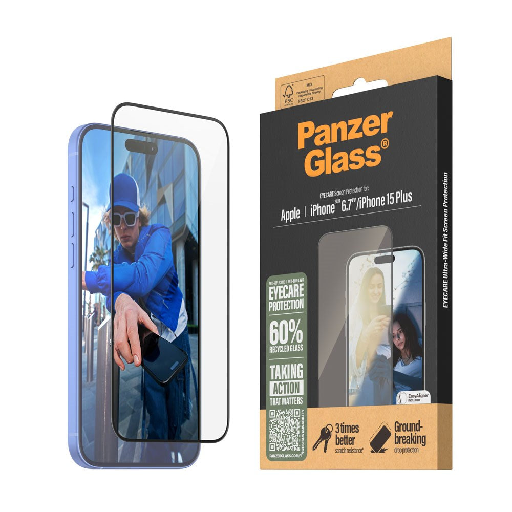 iPhone 15 Plus / 16 Plus PanzerGlass Ultra Wide Fit Skjermbeskyttelse m. EasyAligner - EyeCare - Diamond Strength - Gjennomsiktig / Svart Kant