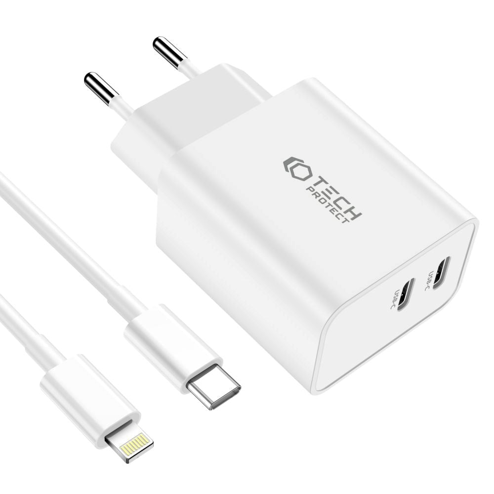 Tech-Protect 35W Vegglader med 2 x USB-C & Lightning-Kabel - Hvit