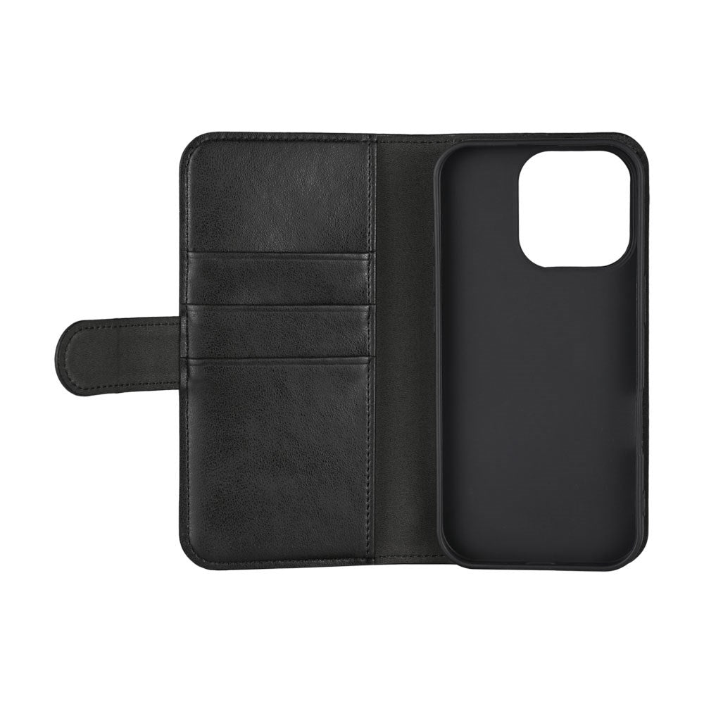 iPhone 16 Pro Essentials Kunstskinn Flip Deksel m. Kortholder & Stativfunksjon - Svart