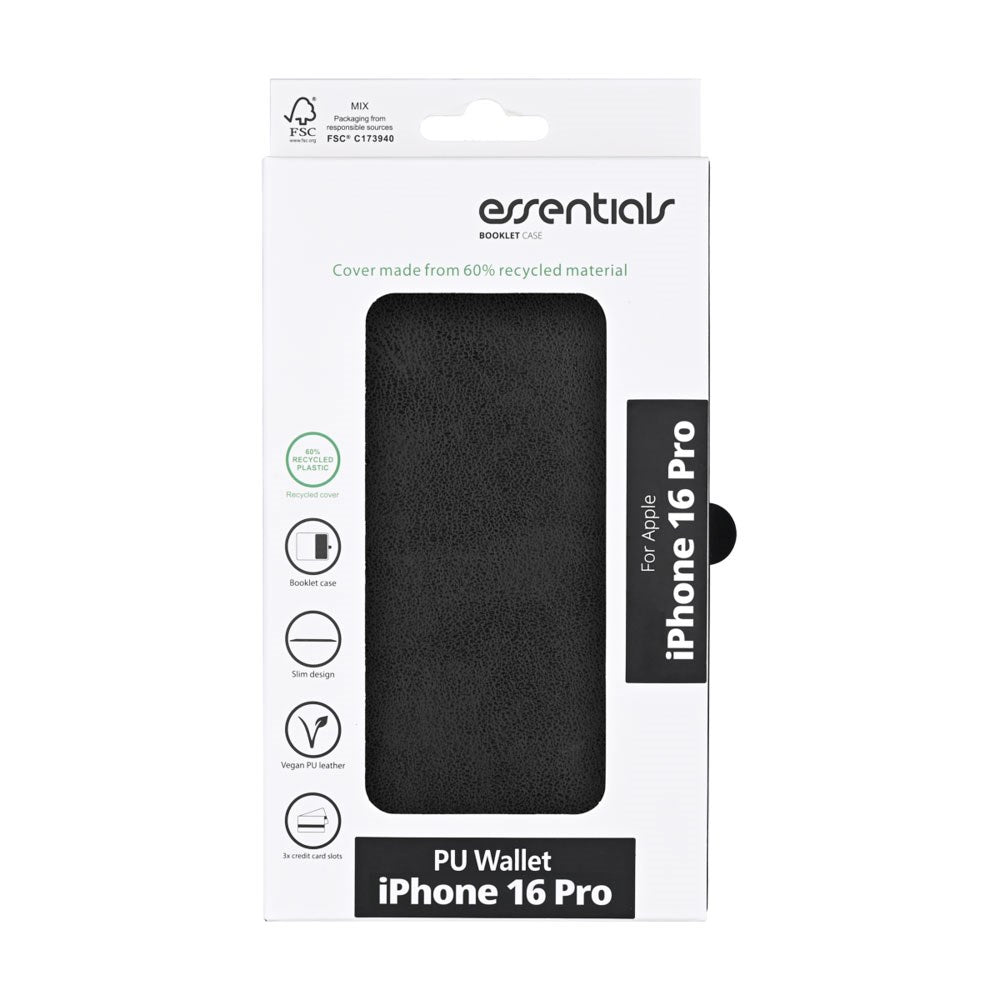 iPhone 16 Pro Essentials Kunstskinn Flip Deksel m. Kortholder & Stativfunksjon - Svart