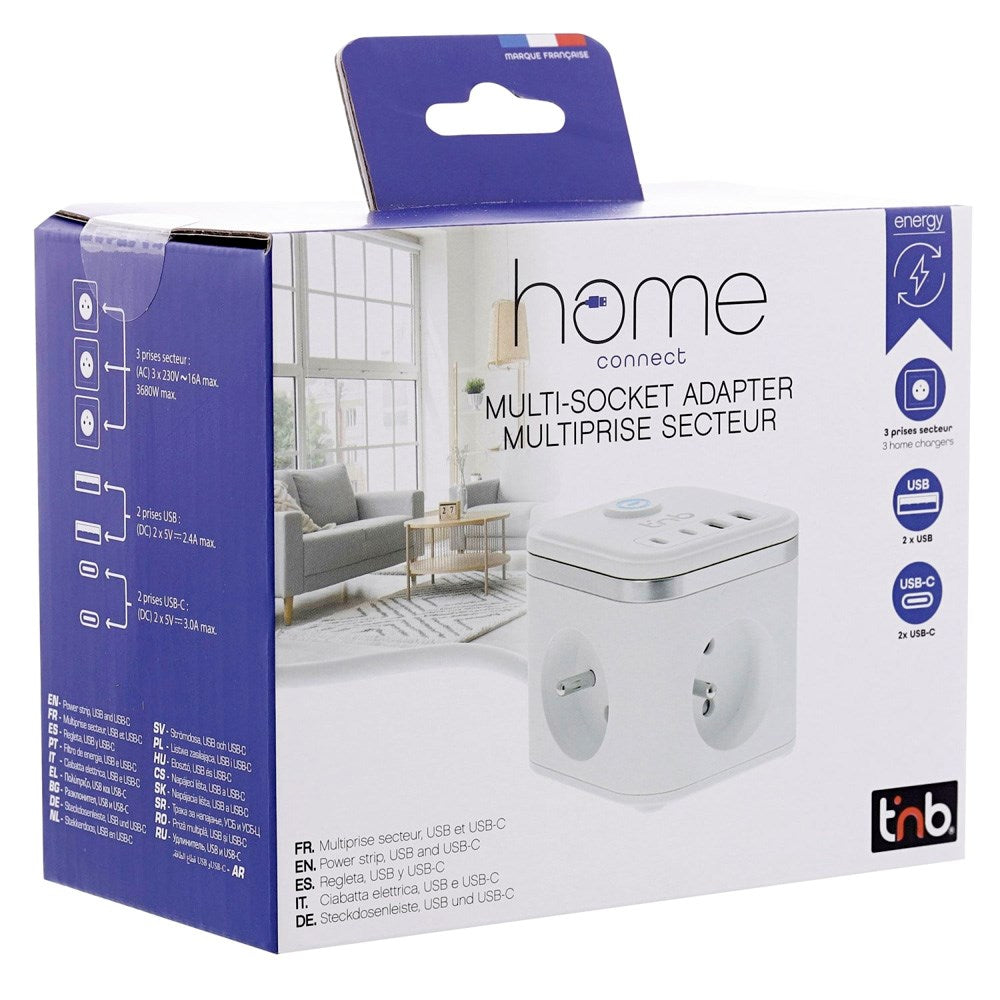 T'NB 7-i-1 Strømstikk - 3 x Uttak / 2 x USB-C / 2 x USB-A - Hvit
