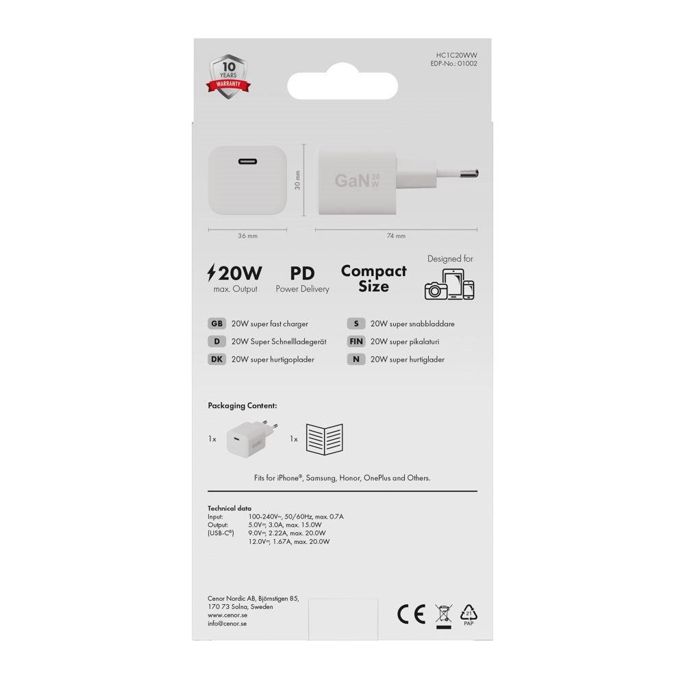 X2O 20W Vegglader m. 1x USB-C - Hvit