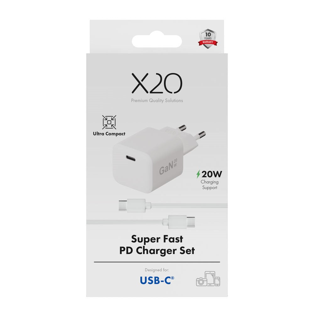 X2O 20W Vegglader m. 1x USB-C & 1x USB-C Kabel – 1.2m – Hvit
