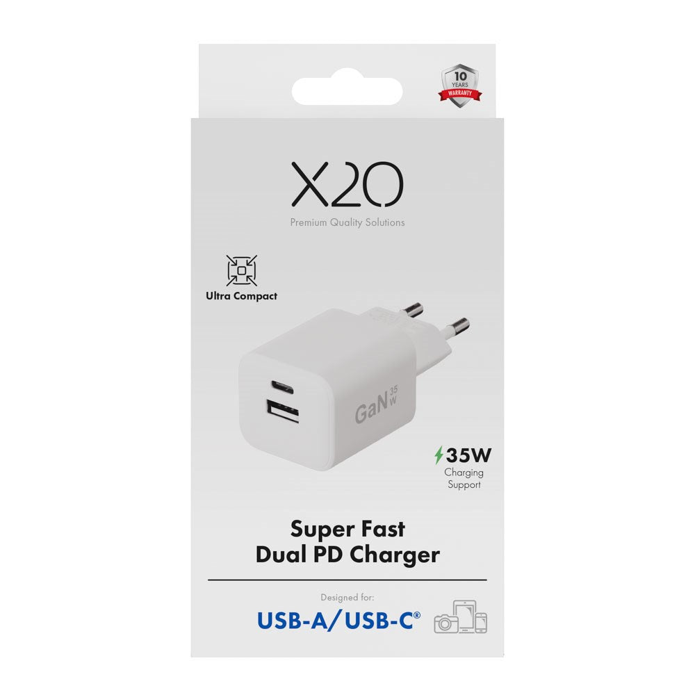 X2O 35W Vegglader m. 1x USB-A & 1x USB-C - Hvit