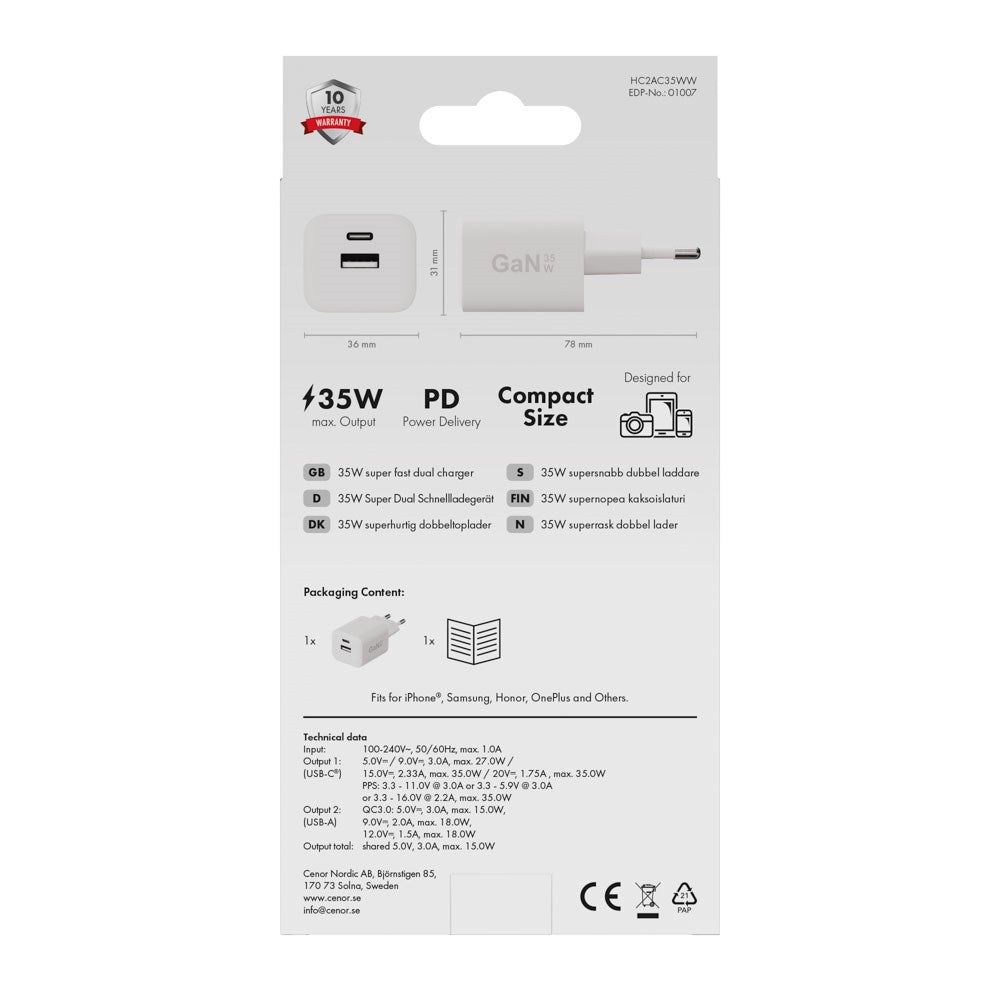 X2O 35W Vegglader m. 1x USB-A & 1x USB-C - Hvit