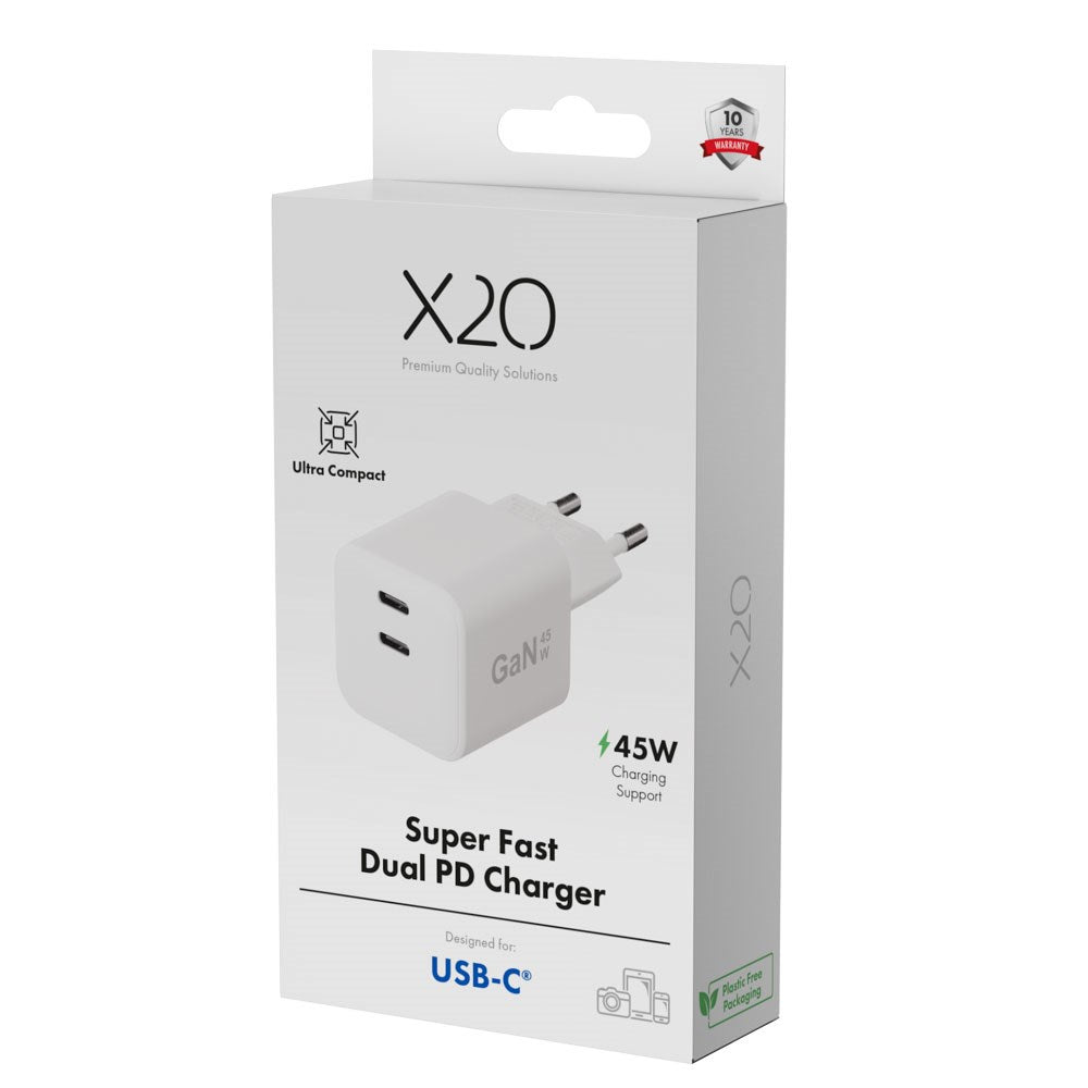 X2O 45W GaN Vegglader m. 2x USB-C - Hvit