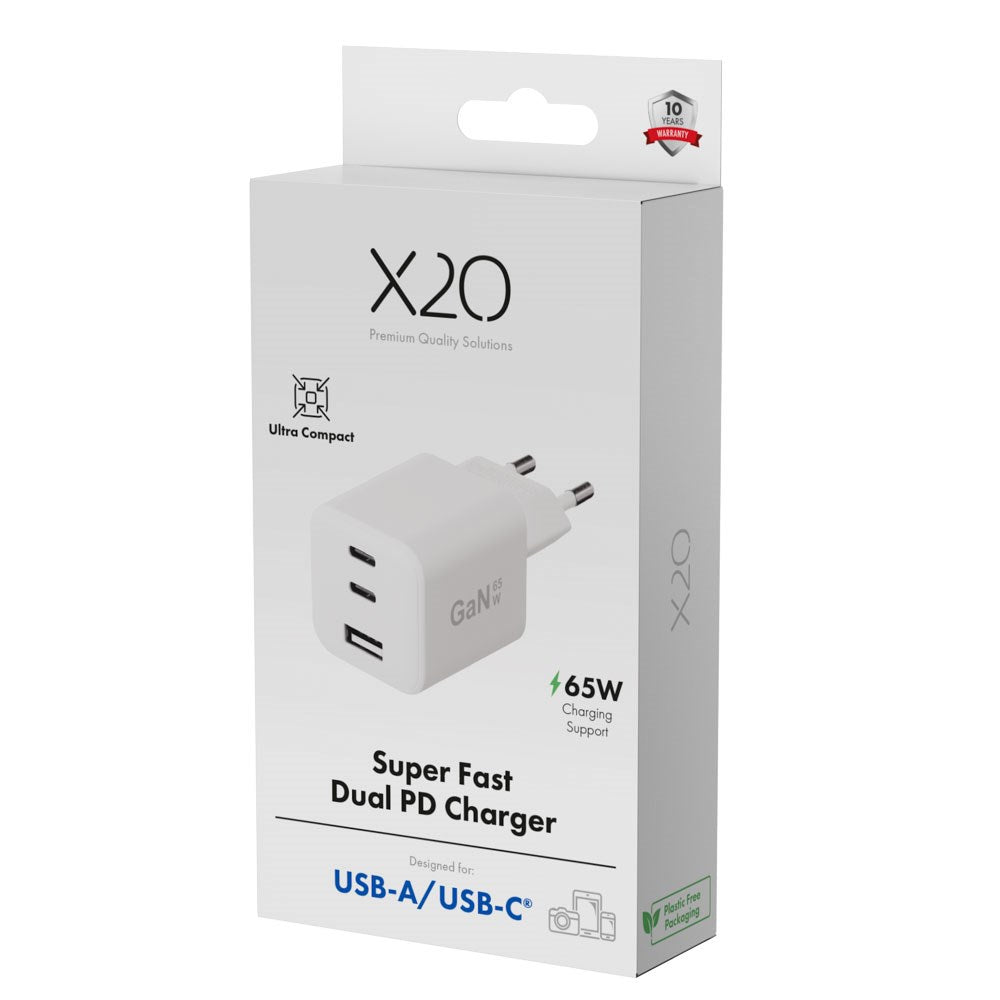 X2O 65W GaN Vegglader m. 2x USB-C & 1x USB-A - Hvit