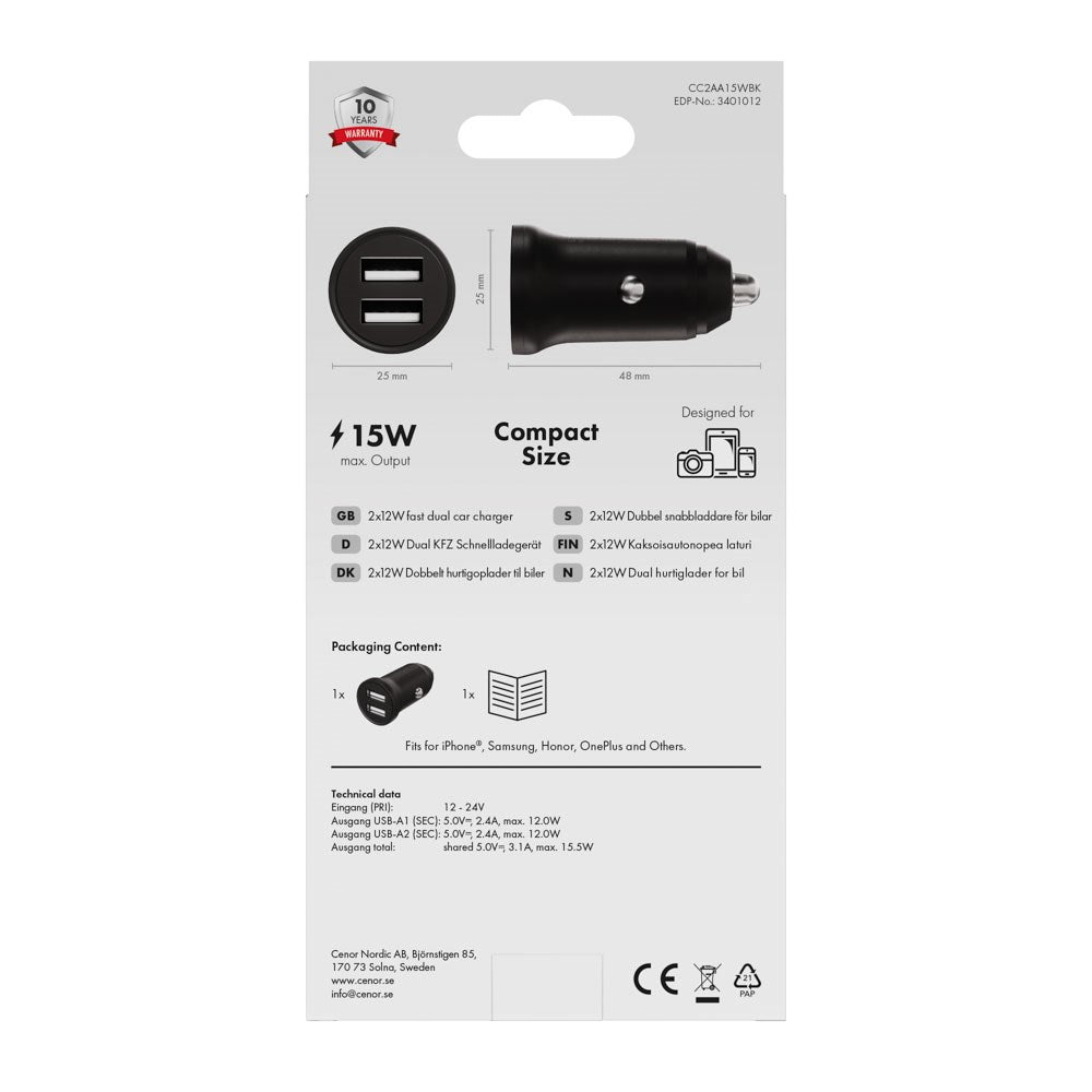 X2O 12W Dobbel Billader USB-A - Svart