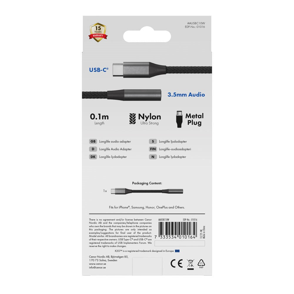 X2O Longlife USB-C til 3.5mm AUX Lyd Adapter - 0.1m - Svart