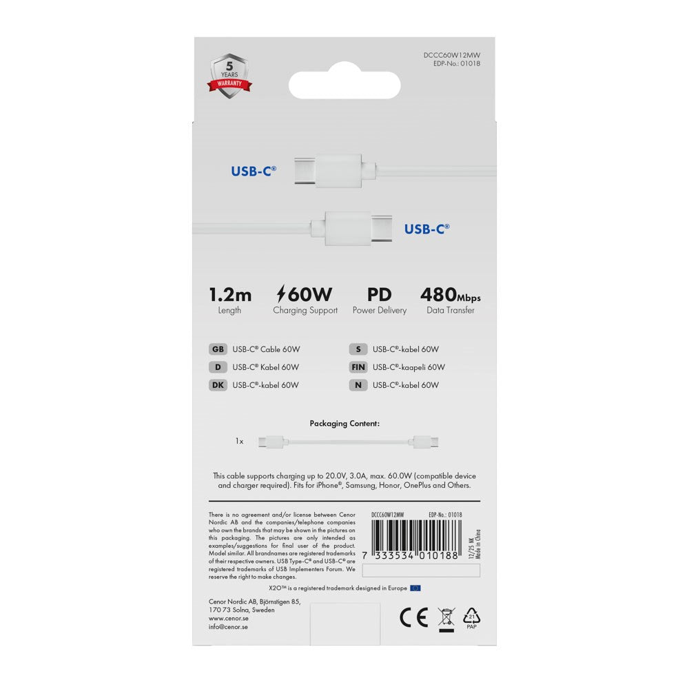 X2O Basic 60W USB-C til USB-C Kabel - 1.2m - Hvit
