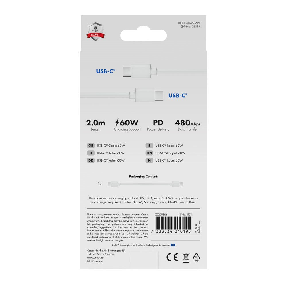 X2O Basic 60W USB-C til USB-C Kabel - 2m - Hvit
